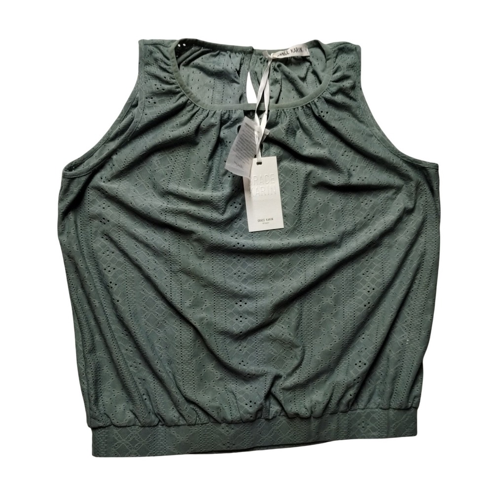 Grace Karin Sage Green Eyelet Lace Keyhole Blouse Sleeveless Size M NWT